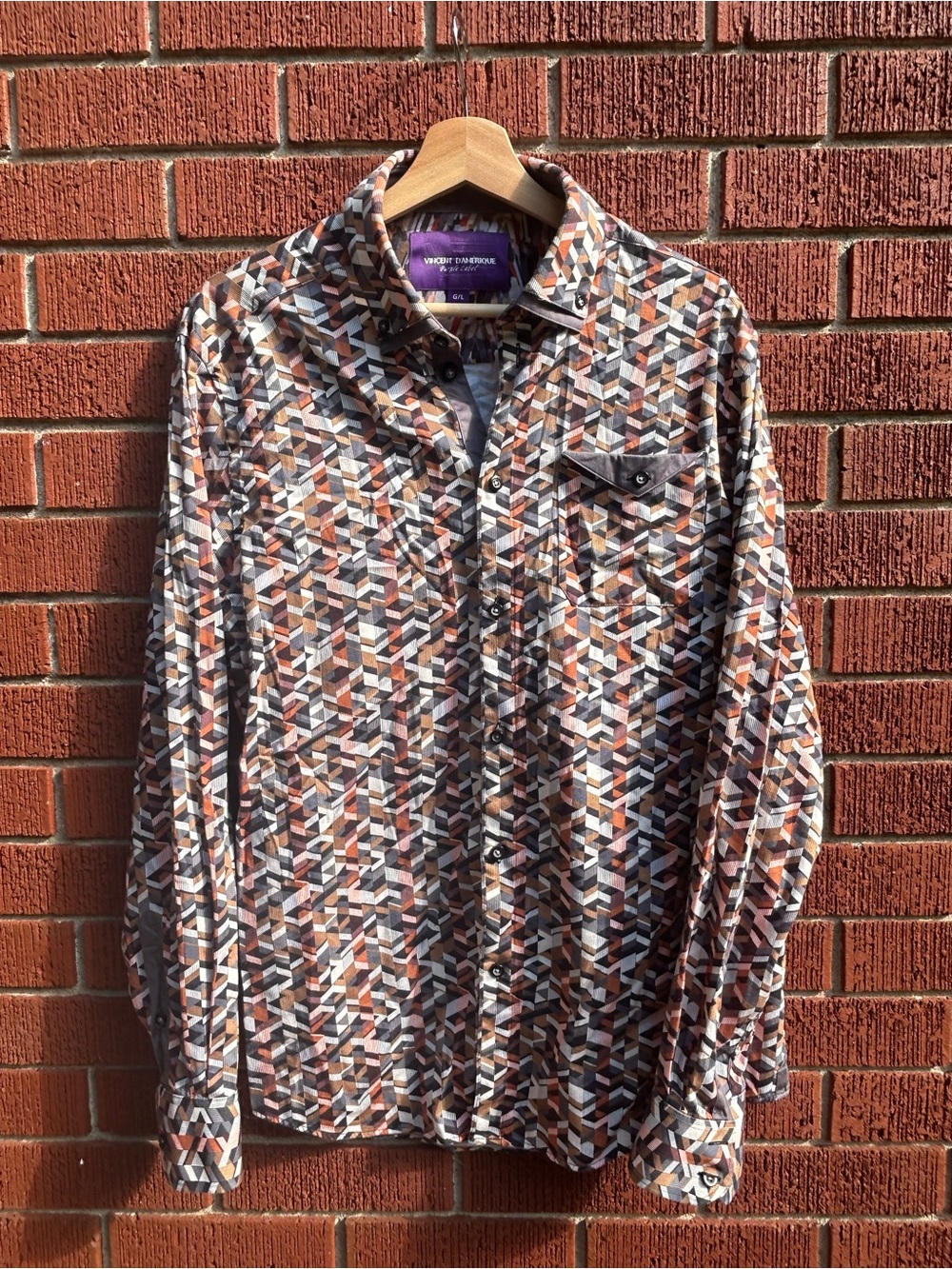 Vincent d’Amérique Pure Label Geometric Print Shirt Brown Black Men’s L